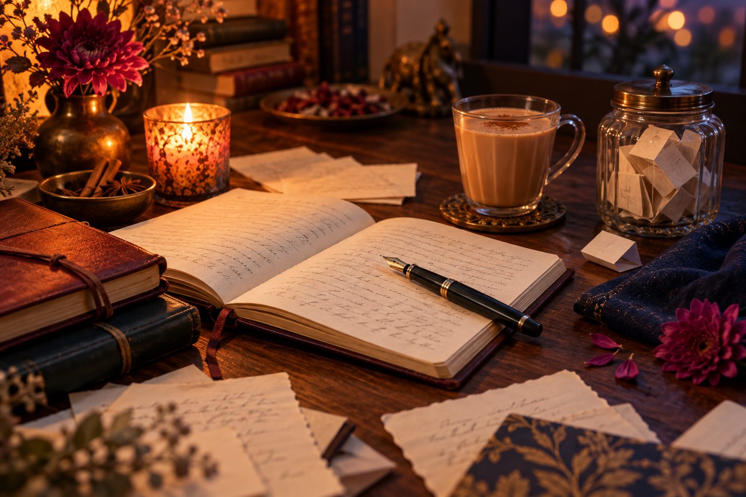 Open handwritten journals, a fountain pen, a candle and a glass of chai on a wooden table